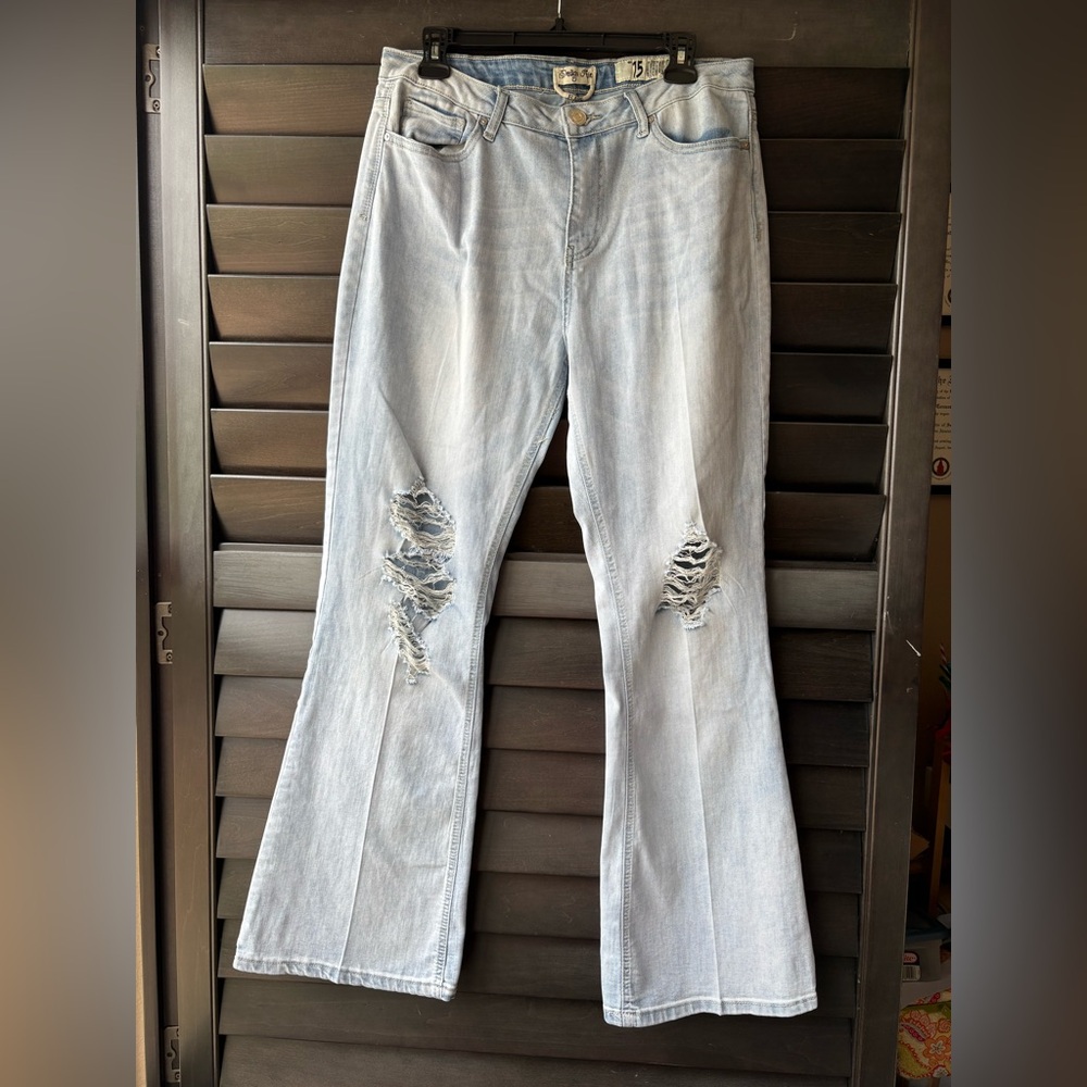 Indigo Rein Jeans Flare Size 15 Distressed Ripped Knee Light Blue Wash